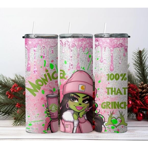 Personalized Name Boujee Grinch Girl Christmas 20oz Skinny Tumbler With Straw - Picture 1 of 10